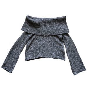 AERIE size XS Off The Shoulder Crop Sweater Grey Bell Sleeve 0041